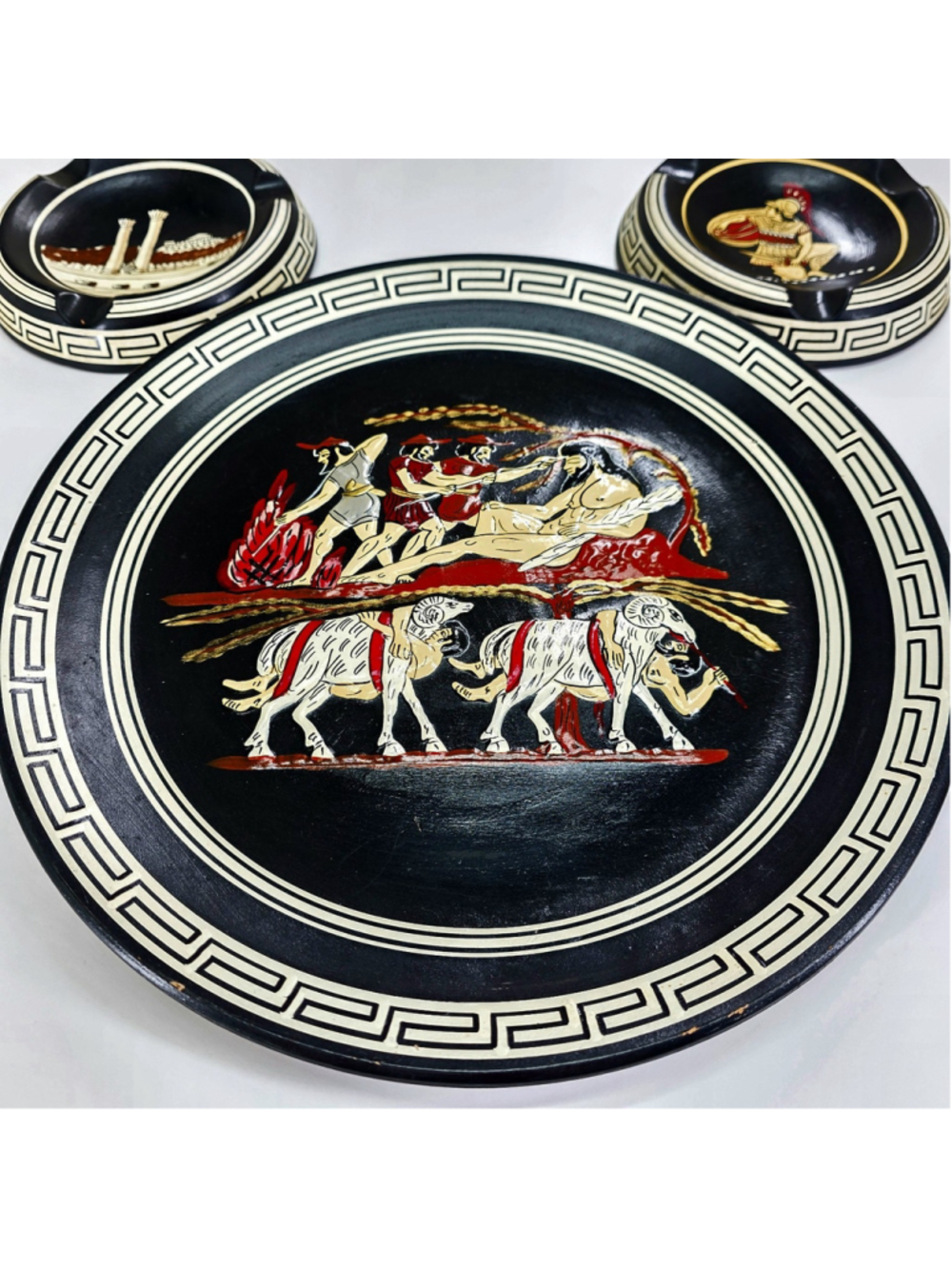 Vintage Greek Pottery Ulysses Cyclops Plate Ashtray Set Hand Painted Greece 3Pc